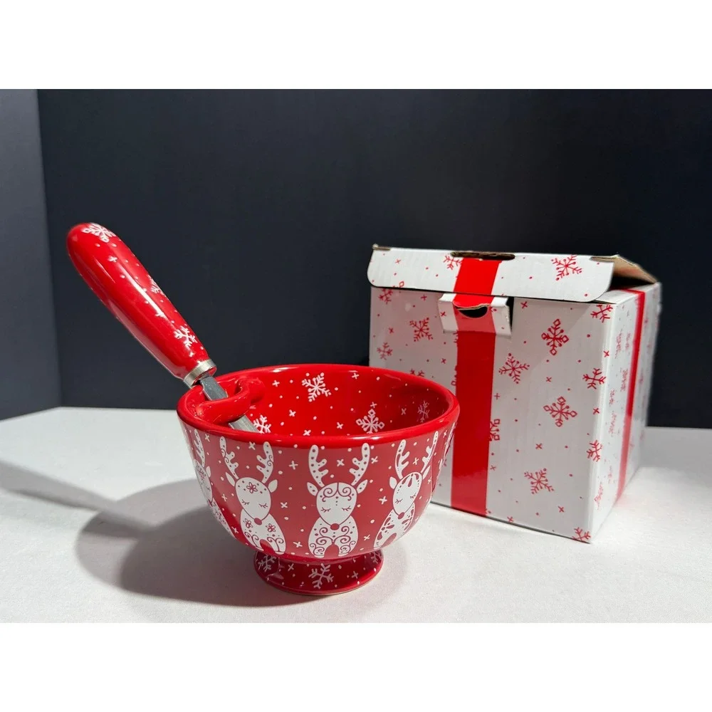 Temp-tations by Tara Red Reindeer Snowflake Dip Bowl and Spreader Set with Box